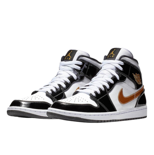 Jordan 1 Mid Patent Black White Gold 852542-007